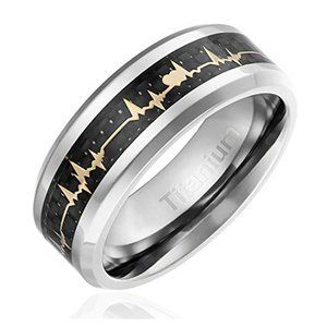 Mens or Womens Titanium EKG Heartbeat Wedding Band 8mm Silver Band w/ Gold Inlay
